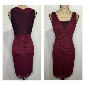 Vtg 90s Whimsigoth Fairy Midi Dress Maroon Mesh Baby Doll Vneck Ruched Back Sz10